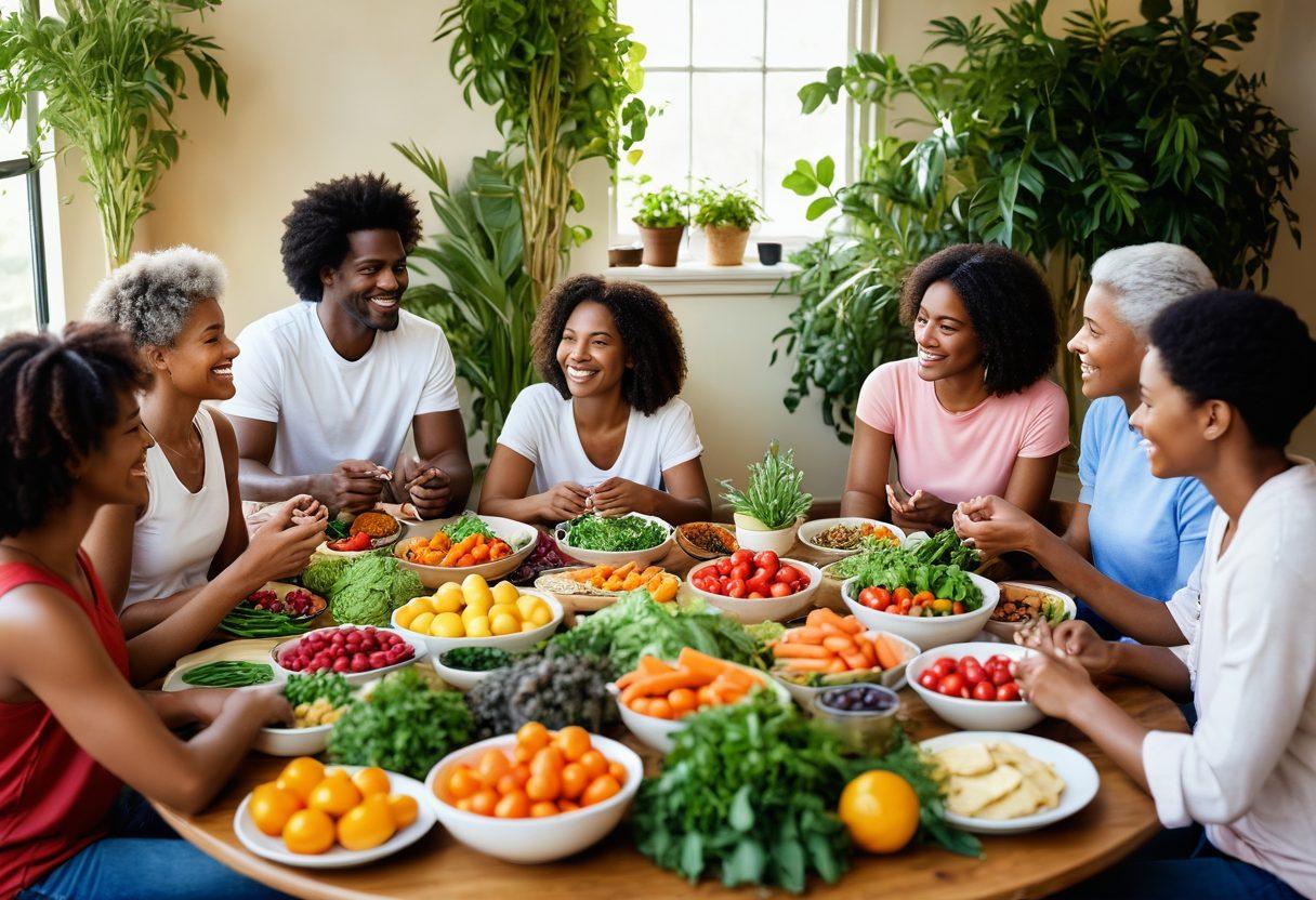 A serene and uplifting scene featuring a diverse group of individuals engaged in supportive conversations, surrounded by healthy foods and vibrant plants symbolizing nutrition and wellness. Soft, warm lighting enhances the atmosphere, creating a feeling of hope and empowerment. Include symbols of advocacy, such as ribbons and banners, subtly integrated into the background. super-realistic. vibrant colors.