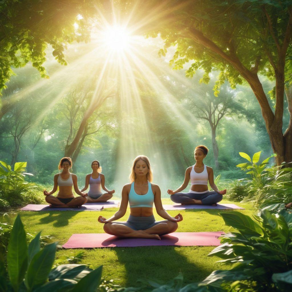 A serene scene depicting a diverse group of people engaged in various wellness activities, like yoga, meditation, and healthy cooking, surrounded by nature. Soft sunlight filters through leaves, creating a peaceful atmosphere, symbolizing empowerment and vitality. Incorporate elements of science, such as DNA strands or brainwave patterns subtly integrated in the background. Include bright, uplifting colors to evoke a sense of hope and well-being. modern illustration. vibrant colors.