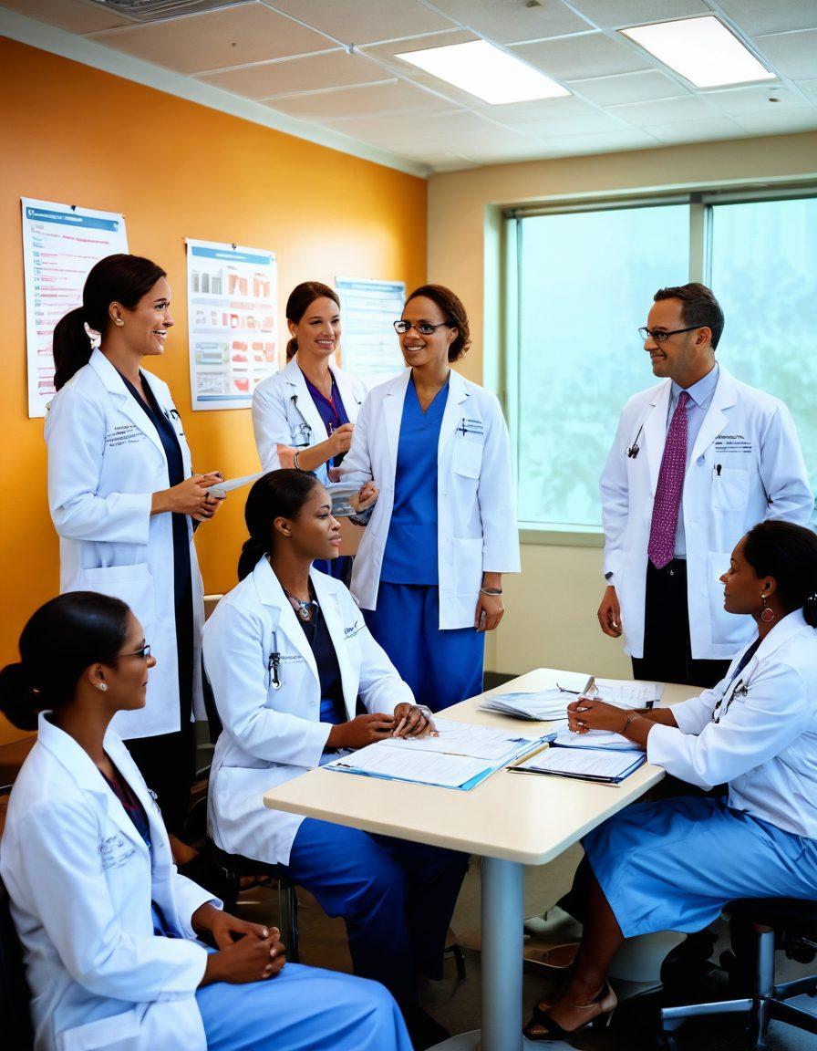 A dynamic scene depicting a diverse group of oncologists and patient advocates in a vibrant hospital setting, strategically communicating and collaborating over patient care plans. Showcase elements like medical charts, vibrant infographics, and supportive gestures, symbolizing empowerment and teamwork in oncology. Infuse warmth and hope with bright colors and comforting light to reflect a nurturing atmosphere. super-realistic. vibrant colors. white background.